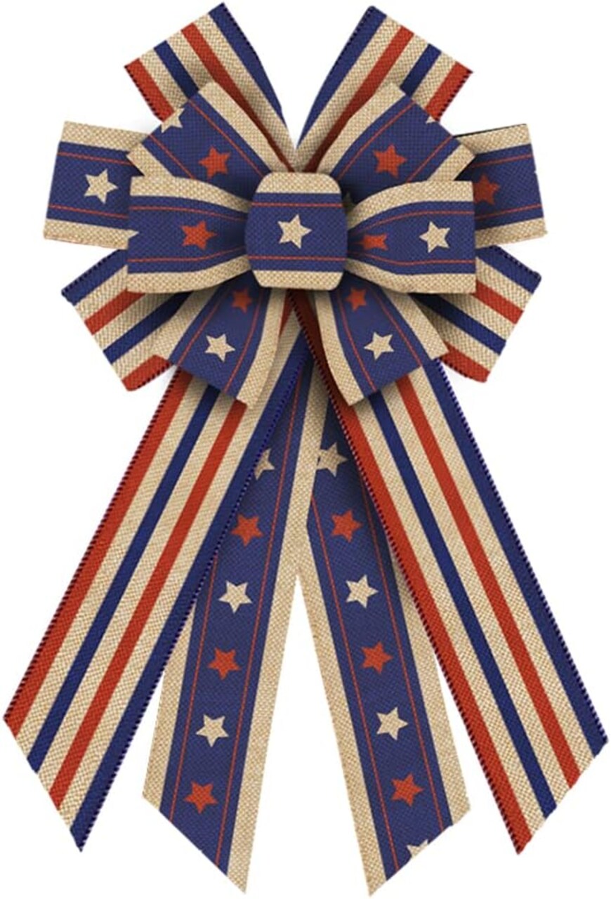 Large 4th of July Wreath Bows Patriotic Decor Bows for Wreath America Flag Strip Burlap Bow